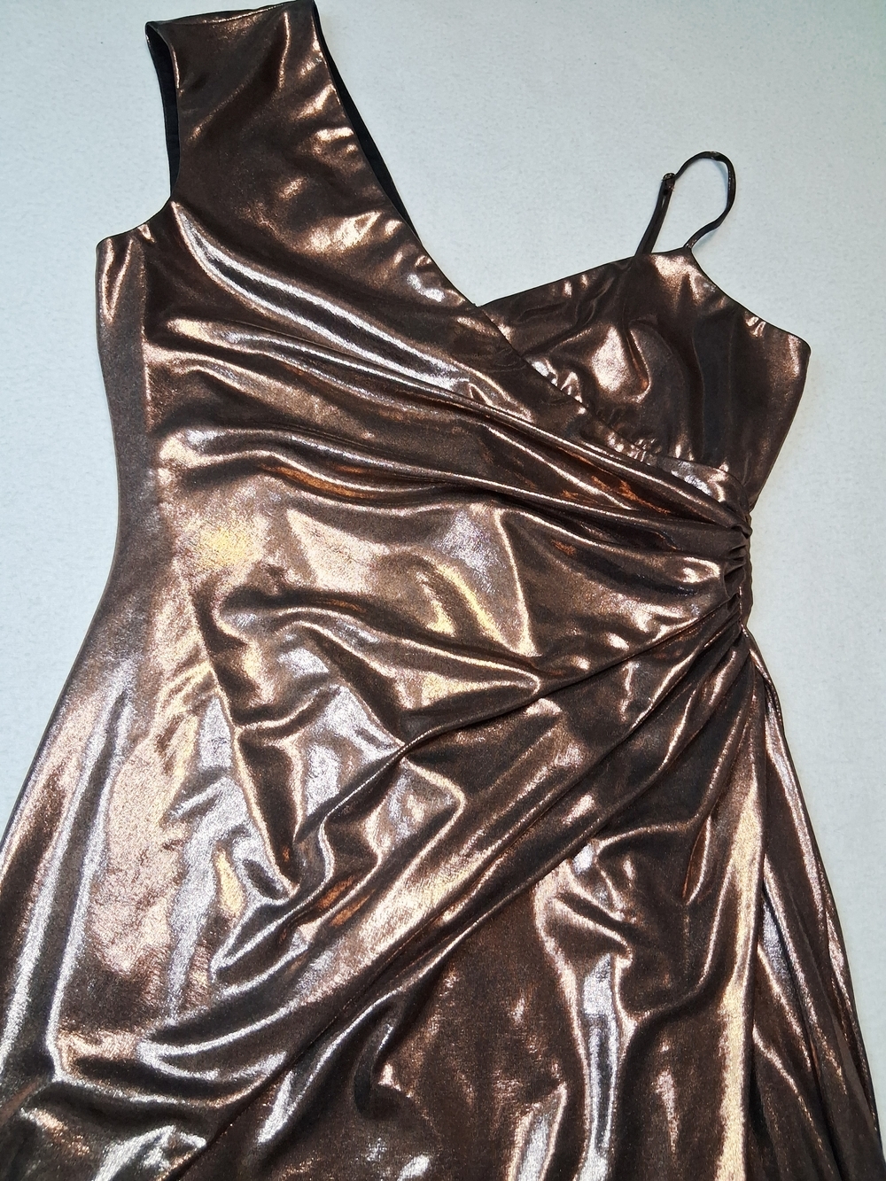 BCBGMaxAzria Metallic Bronze One-Shoulder Mini Dress - Picture 2 of 7